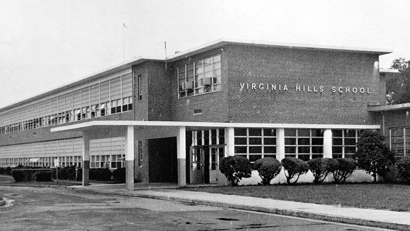 Black and white photograph of Virginia Hill Elementary School from the school’s 1971 to 1972 yearbook. The building is two-stories tall with an office suite near the main entrance.