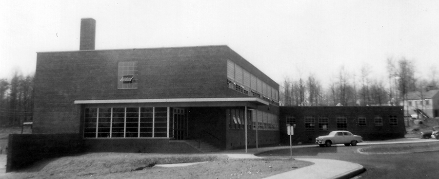 Black and white photograph of the front exterior of Westmore Elementary School.