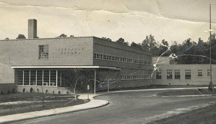 Black and white photograph of the front exterior of Westmore Elementary School.