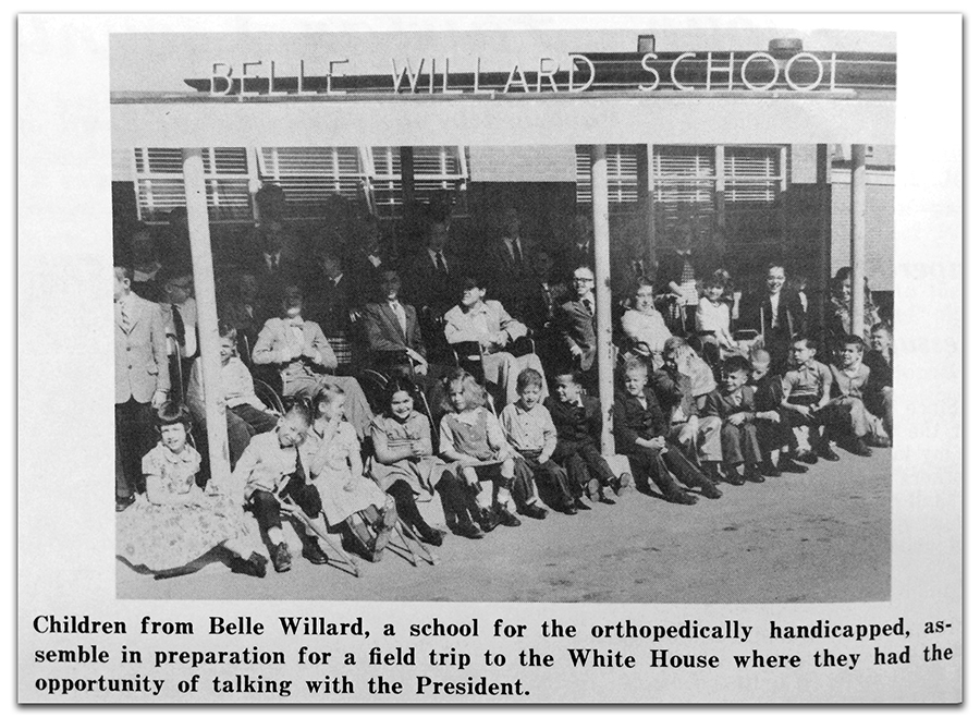Publication by Fairfax County Public Schools with a photograph showing a large group of students gathered in front of the Belle Willard School awaiting a school bus. The caption reads: Children from Belle Willard, a school for the orthopedically handicapped, assemble in preparation for a field trip to the White House where they had the opportunity of talking with the President.