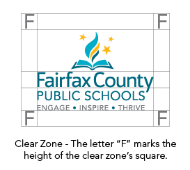 Graphic of FCPS logo with grid around it with F's to show the Clear Zone. Clear Zone - The letter 'F' marks the height of the clear zone’s square.