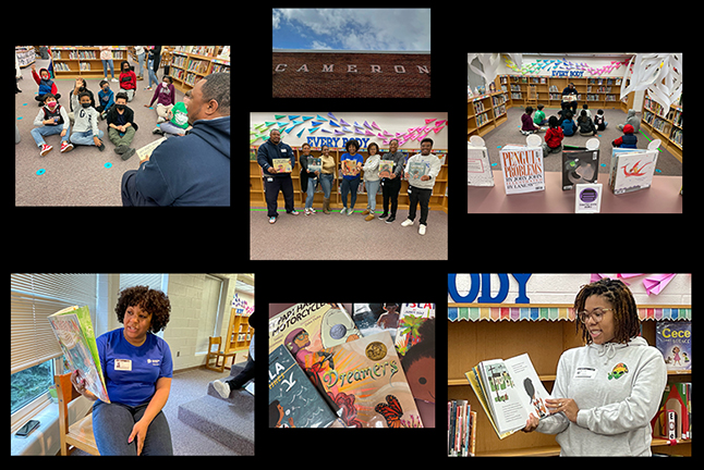 collage of pictures with volunteers reading to students