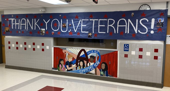 Banner at Annandale High School thanking Veterans for their service