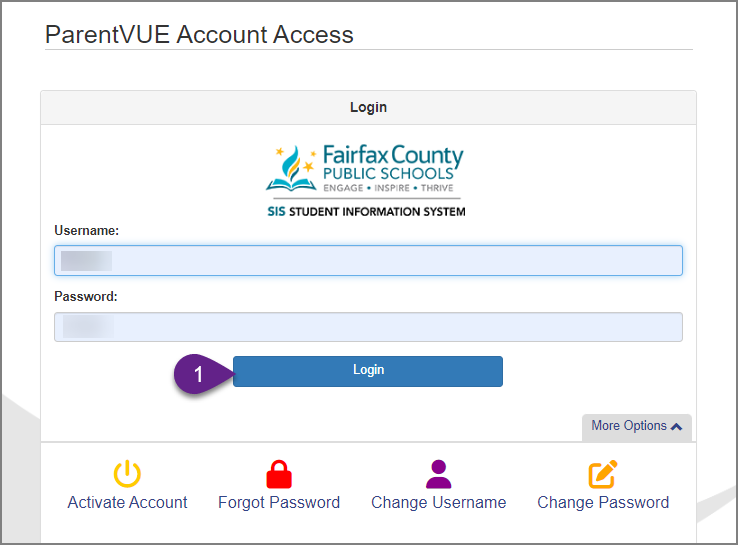 Screenshot of ParentVue login screen with username, password, and login button