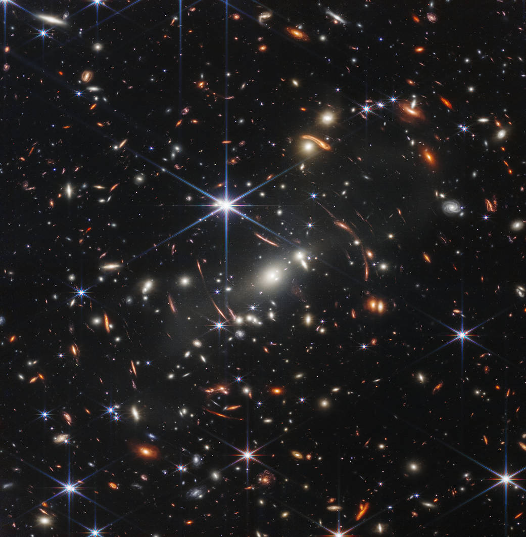 NASA’s Webb Space Telescope produced this image of a galaxy cluster. 