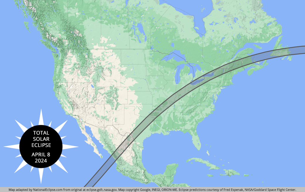 Map of totality for the 2024 solar eclipse