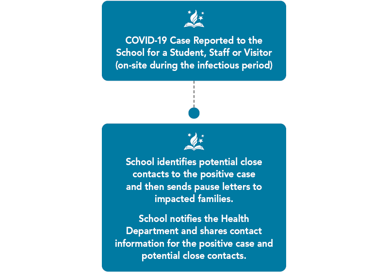 COVID-19 Case reported to the school for student, staff or visitor. School identifies potential close contacts to the positive case and sends pause letters to impacted families.  School identifies potential close contacts to the positive case and then sends pause letters to impacted families. The school notifies the Health Department and shares contact information for the positive case and potential close contacts.