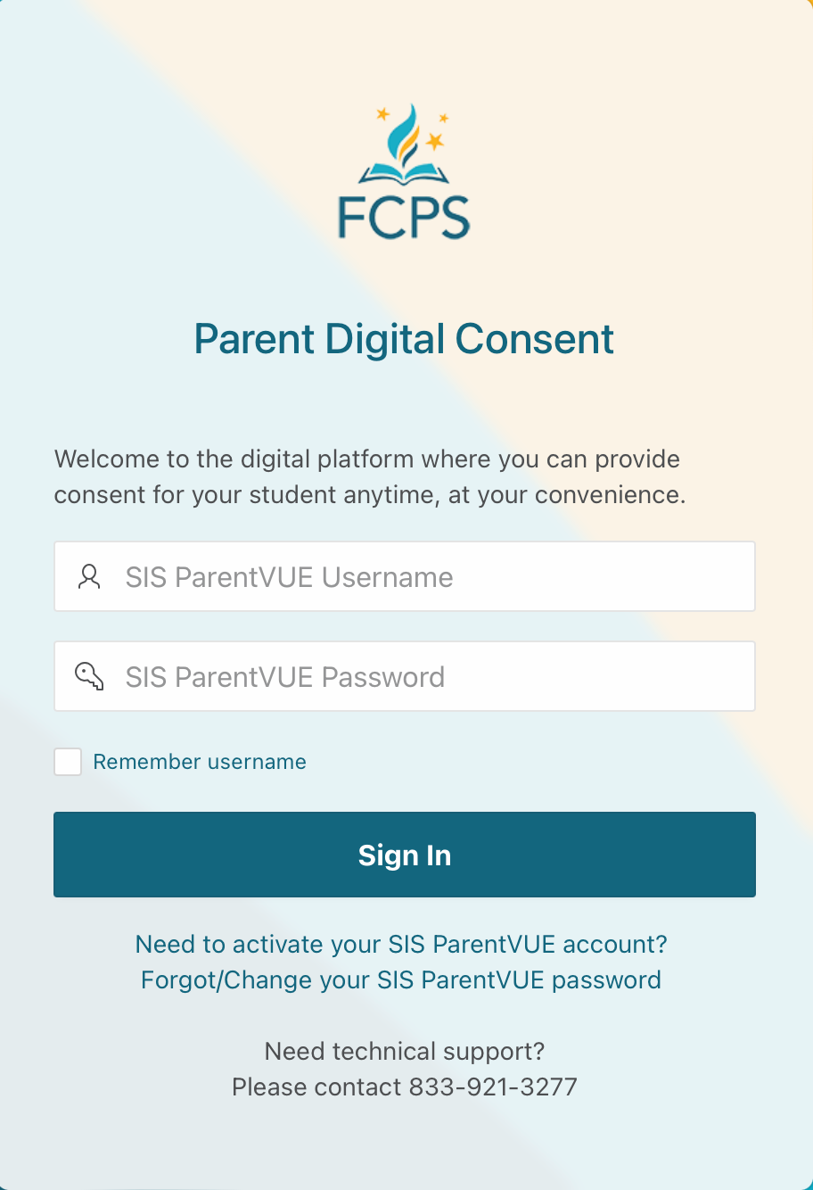 screenshot of Parent Digital Consent login screen